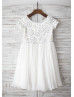 Ivory Chiffon Beaded Short Sleeves Knee Length Flower Girl Dress 